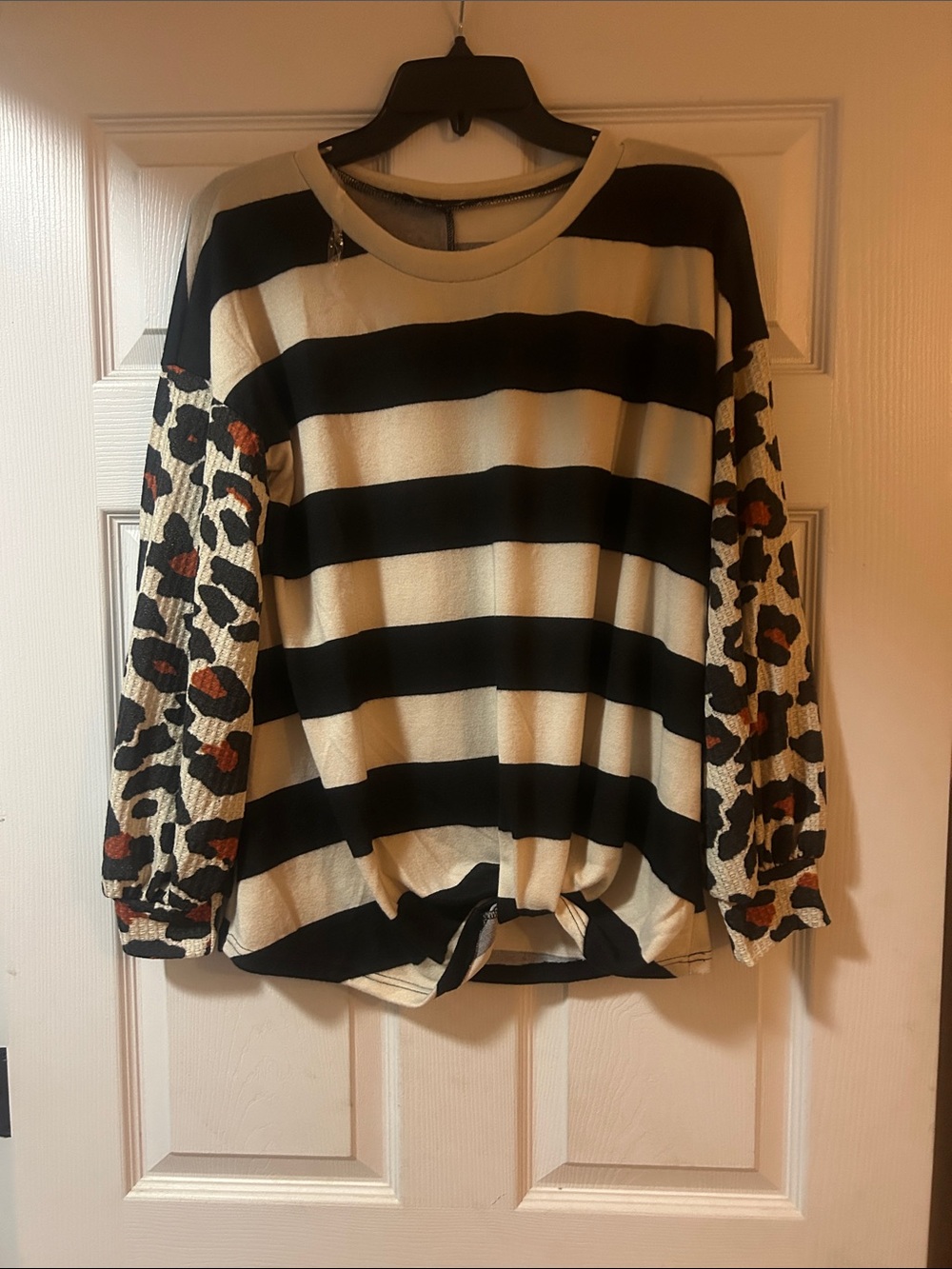 Black and Cream Striped Knot-Hem Top with Leopard-Print Sleeves
